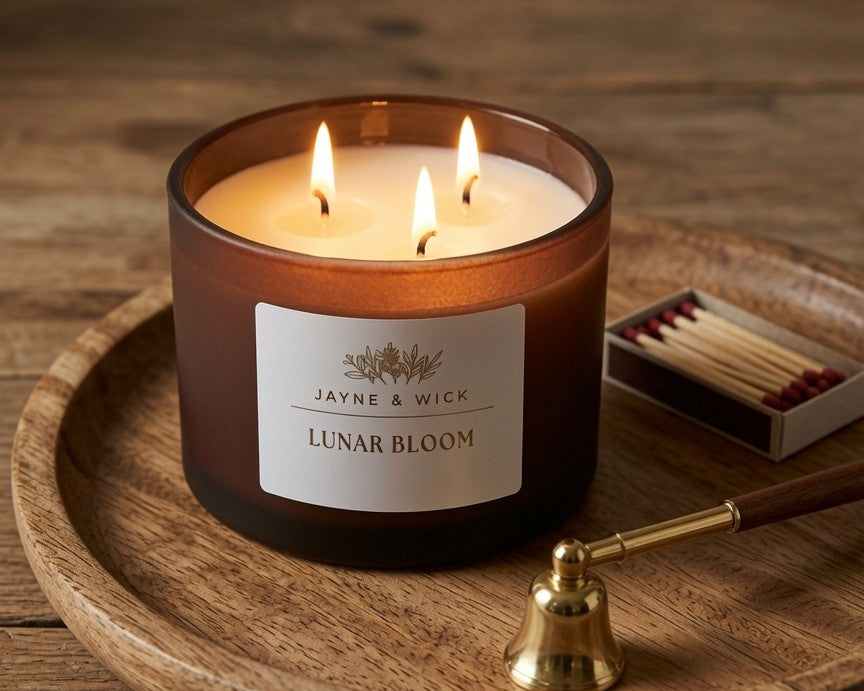 Jayne & Wick amber glass candle burning on a natural surface