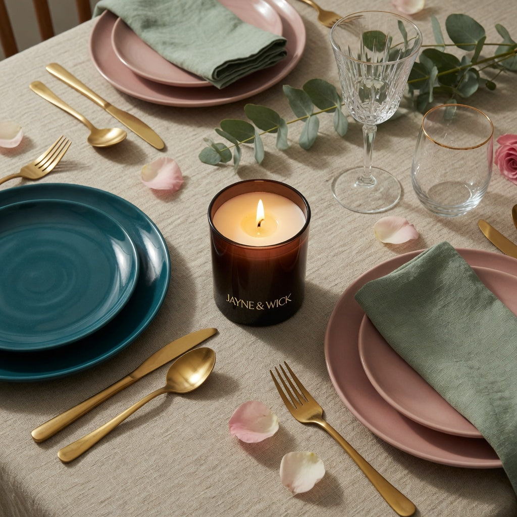 Amber Glass Jayne & Wick candle with table setting